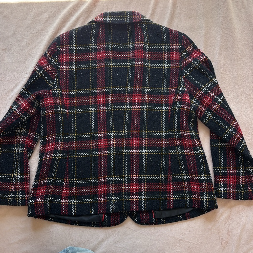 Talbots Aberdeen Tweed Wool Plaid Blazer Blazer Navy Red White Size 16P - Picture 8 of 9
